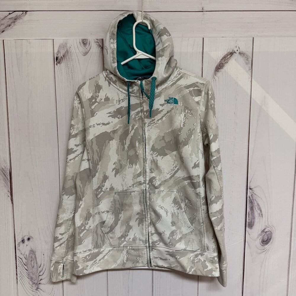 The North Face Camo Full Zip Hoodie Women’s Medium Teal Logo EUC‎